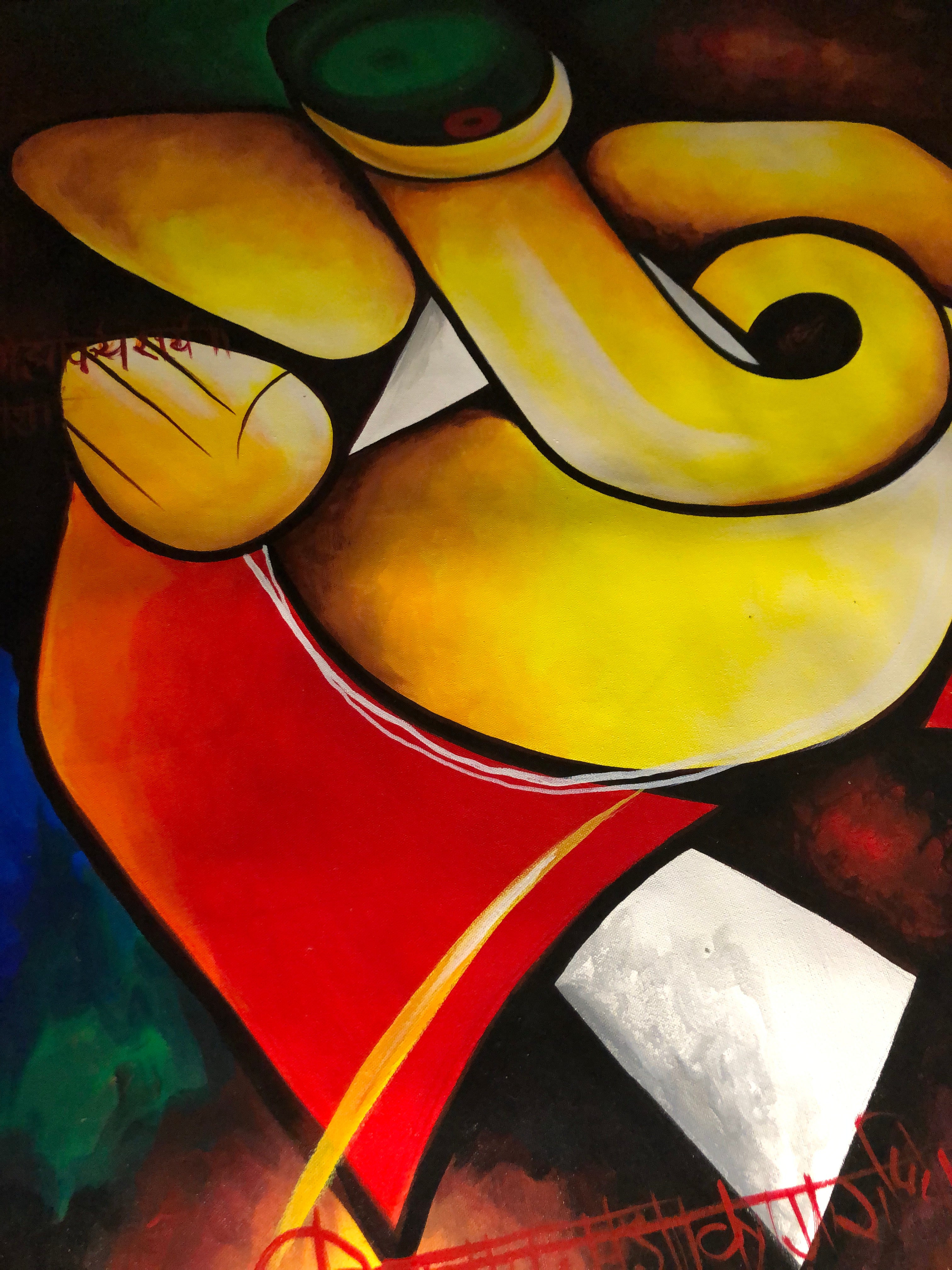 LORD GANESHA - COLORFUL HANDPAINTED ARTWORK - ACRYLIC PAINTING - 44 X 44 INCHES - indiartbazaar