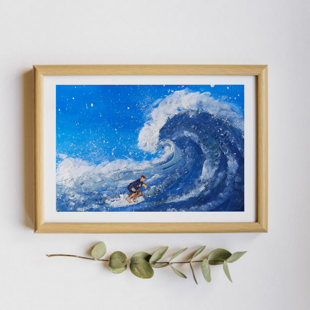 SURFING MAN - HANDPAINTED ARTWORK - ACRYLIC PAINTING - 12 X 9 INCHES - indiartbazaar