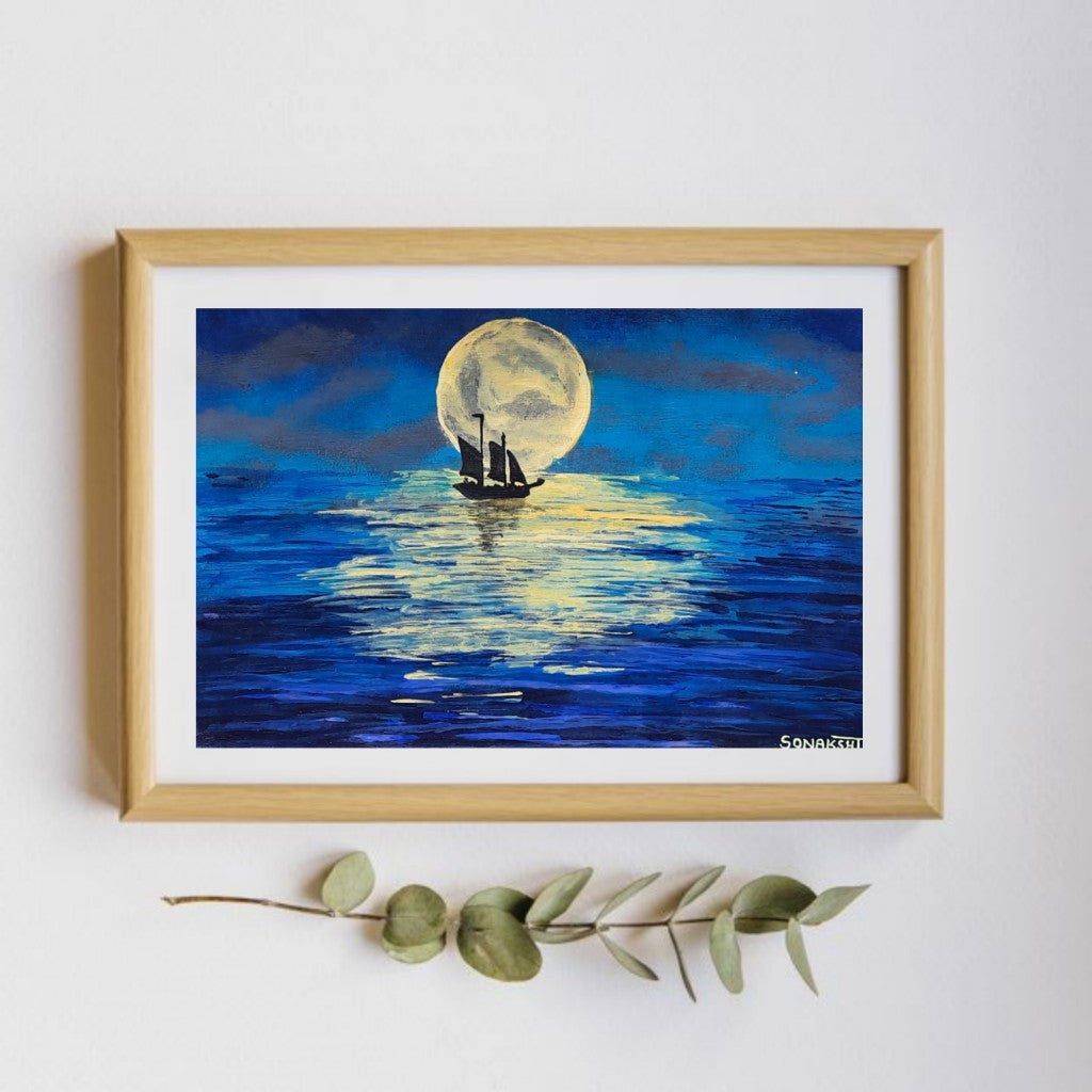 MOON LIGHT BOAT - HANDPAINTED ARTWORK - ACRYLIC PAINTING - 12 X 9 INCHES - indiartbazaar