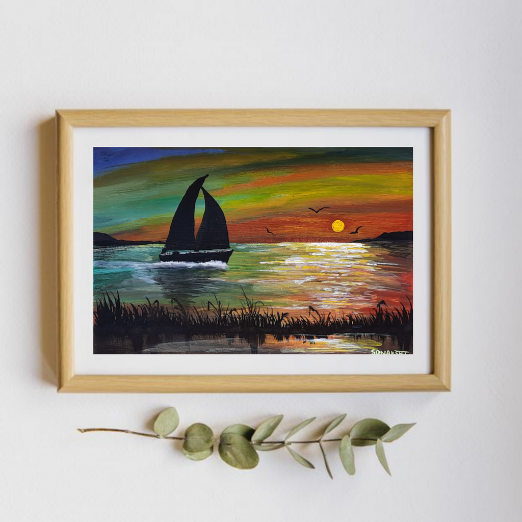 SAIL BOAT SUNSET - HANDPAINTED ARTWORK - ACRYLIC PAINTING - 12 X 9 INCHES - indiartbazaar