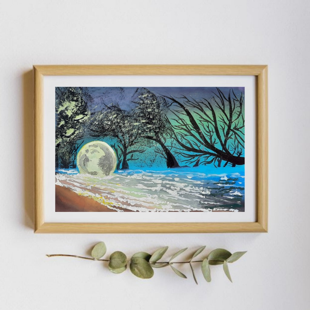MOON REACH THE SHORE - HANDPAINTED ARTWORK - ACRYLIC PAINTING - 12 X 9 INCHES - indiartbazaar