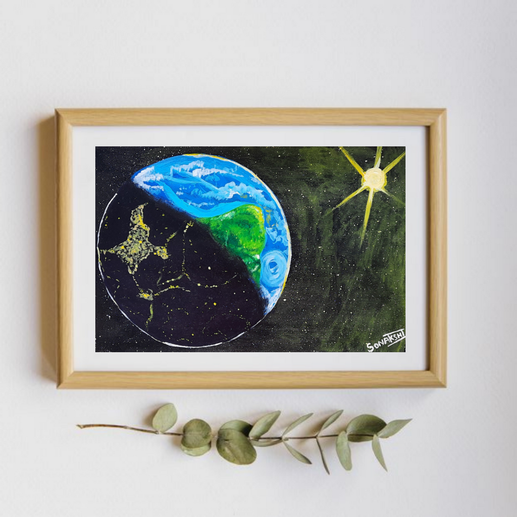 CRESCENT EARTH - HANDPAINTED ARTWORK - ACRYLIC PAINTING -12 X 9 INCHES - indiartbazaar